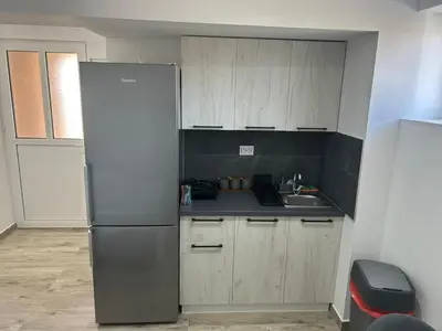 a kitchen with a refrigerator and a sink at Apartmani Filipovic in Podgorica