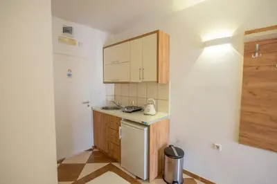 a small kitchen with a sink and a refrigerator at Lana Apartments in Ulcinj