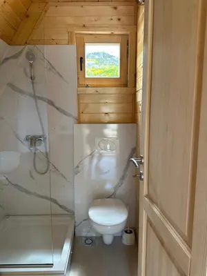 a bathroom with a toilet and a shower and a window at Gorska Dolina in Ivanova Korita