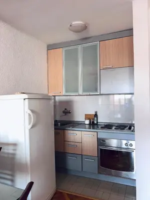 a kitchen with stainless steel appliances and wooden cabinets at Sunset Bay Budva in Budva