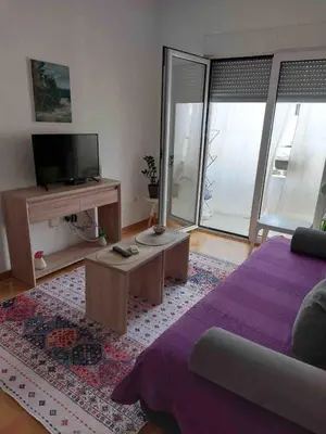 a living room with a couch and a tv at Cozy Apartment with Private Garage - Walk to City Center in Budva