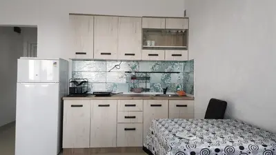 a kitchen with white cabinets and a table and a refrigerator at Apartment 7 in Bar, Susanj