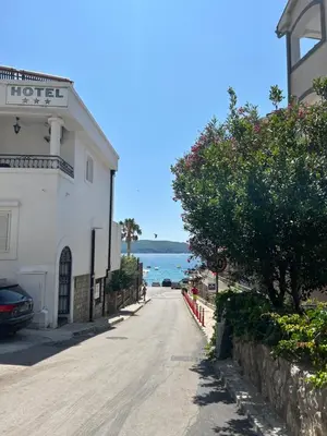 a building on the side of a road next to the ocean at Sunny stay Budva in Rafailovici