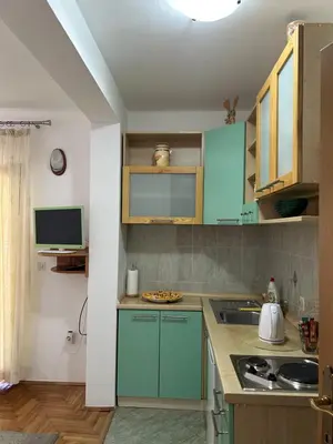 a kitchen with green cabinets and a sink at Sunny stay Budva in Rafailovici