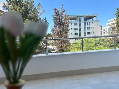a vase of flowers sitting on a wall with a building at Pearl Wave-Apartment in Ulcinj