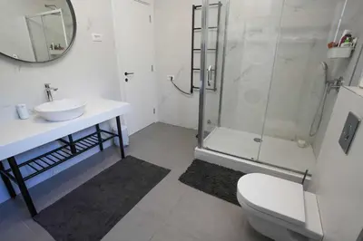 a bathroom with a shower and a toilet and a sink at Vila Mirko in Kotor
