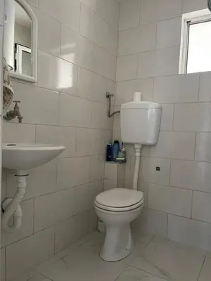 a white bathroom with a toilet and a sink at Apartmani Arieta in Donji Štoj