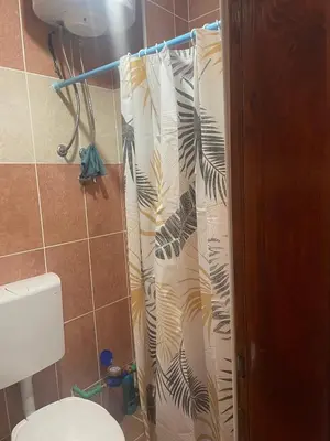 a bathroom with a shower curtain with a plant printed on it at Apartmani Marina Sutomore in Sutomore