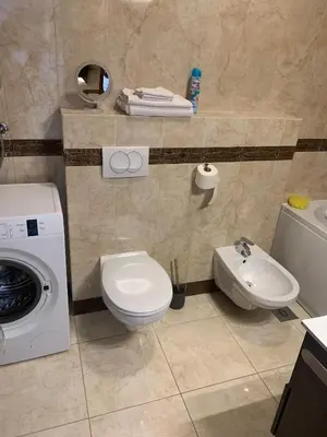 a bathroom with a washing machine and a toilet and a sink at Anatolia in Becici