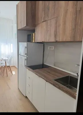 a kitchen with a white refrigerator and wooden cabinets at Itana by the sea in Budva
