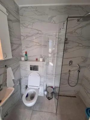 a white bathroom with a toilet and a shower at Skyline sea view apartment in Becici