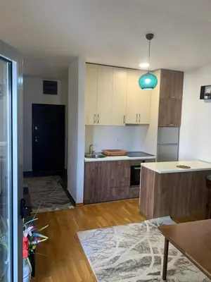 a kitchen with wooden cabinets and a counter top at Disa&Nuzi in Ulcinj
