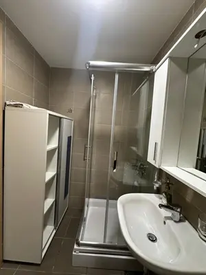 a bathroom with a shower and a sink at Dubovica Hill in Budva