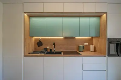 a kitchen with a sink and green cabinets at Mia Stella in Kotor