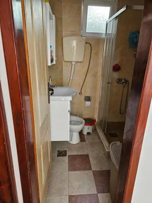 a small bathroom with a toilet and a shower at Apartman Stepanović in Budva