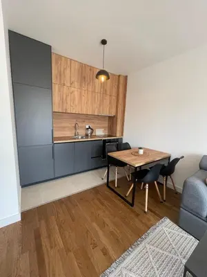 a living room with a table and a kitchen at Apartments Buongiorno in Ulcinj