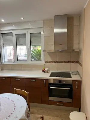 a kitchen with a stove and a sink and windows at Villa Susanj in Bar