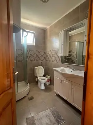 a bathroom with a toilet and a sink and a shower at Haus Binas in Ulcinj