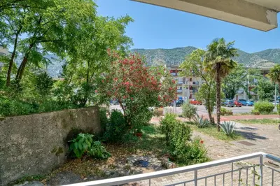 a garden on the side of a street with trees at Apartment Seaside in Kotor