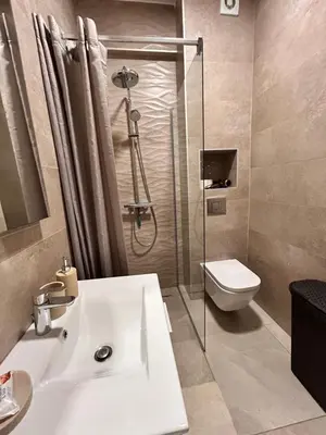 a bathroom with a shower and a sink and a toilet at Boljevic Apartments in Becici