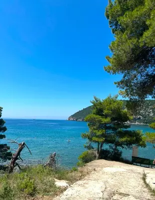 a view of a lake with a bench on the shore at Gio Bella in Sutomore