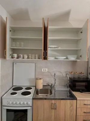 a kitchen with a stove and a sink at Tatjana apartman blue in Sutomore