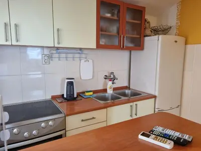 a small kitchen with a sink and a refrigerator at Apartment Natasha in Petrovac na Moru