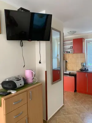 a kitchen with a television on a wall with a counter at Čanj apartmani in Čanj