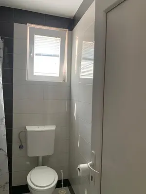 a bathroom with a toilet and a window at Čanj apartmani in Čanj