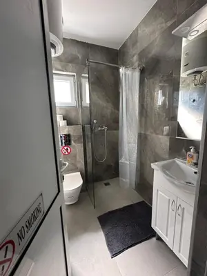 a bathroom with a shower and a toilet and a sink at Apartman 2 in Bar, Susanj