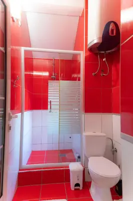 a red and white bathroom with a toilet and a shower at Airport Apartments Una in Mitrovići