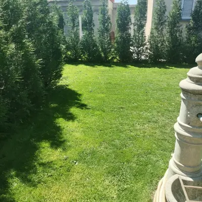 a yard with green grass and trees and a building at Airport Apartments Una in Mitrovići