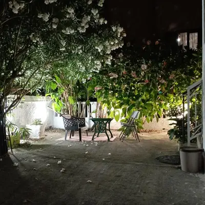 two benches in a courtyard with trees and flowers at Nice summer apartment near sea in Budva