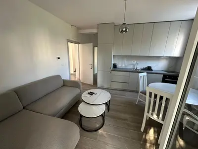 a living room with a couch and a table and a kitchen at Apartmani Aki 3 in Sutomore