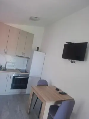 a kitchen with a wooden table and a tv on the wall at Apartman Andjela 1 in Budva