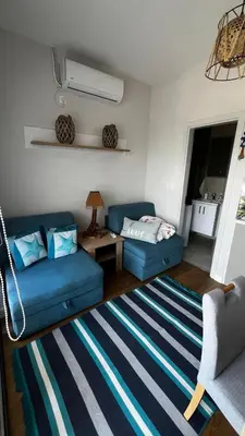 a living room with two blue couches and a rug at Casa Montenegro 1 Plus 1 Suite View Sea and Pool in Kavač