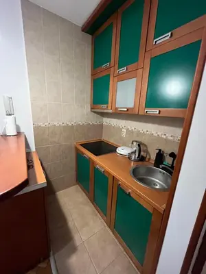 a small kitchen with a sink and green cabinets at Apartman Kutak in Bar