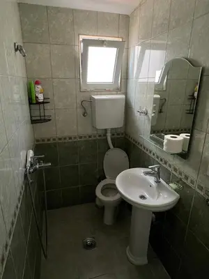 a bathroom with a toilet and a sink and a mirror at Apartmani Zlatičanin in Sutomore