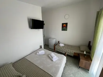 a small room with two beds and a tv at Apartmani Zlatičanin in Sutomore