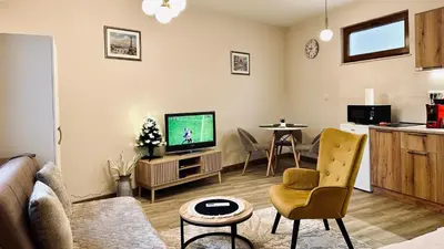a living room with a couch and a tv at Central Station Apartments in Podgorica