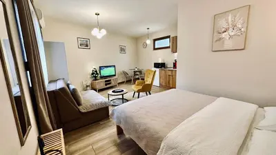 a bedroom with a bed and a living room at Central Station Apartments in Podgorica