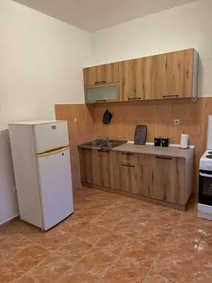a kitchen with a white refrigerator and a sink at Apartman Pod lozom in Sutomore