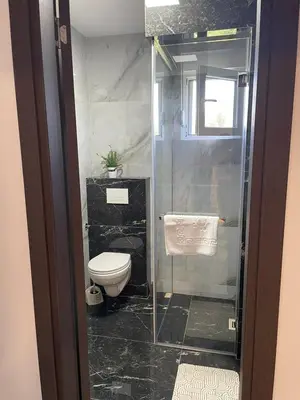 a bathroom with a toilet and a glass shower at Greystone House Apartments in Kovači