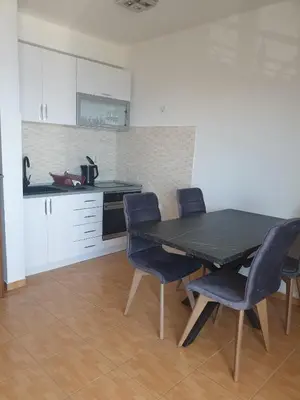 a kitchen with a table and chairs in a room at Sunny Apartment in Prijevor