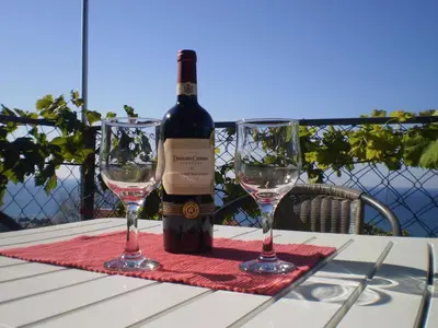 a bottle of wine and two wine glasses on a table at Apartment Vuk i Novak in Ulcinj