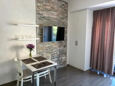 a kitchen with a table with chairs and a tv on a brick wall at Njaro Del Mar Studio 13 in Petrovac na Moru