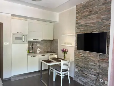 a kitchen with a table and a tv on a brick wall at Njaro Del Mar Studio 13 in Petrovac na Moru