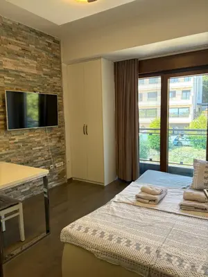 a bedroom with a bed and a tv and a window at Njaro Del Mar Studio 13 in Petrovac na Moru