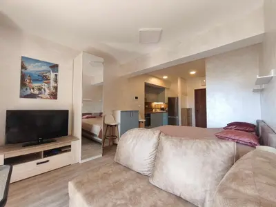 a bedroom with a large bed and a flat screen tv at Sea & Sand Apartment in Bar