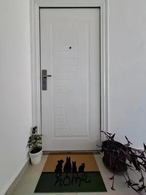 a cat rug in front of a white door at Apartmani Šćekić in Bar